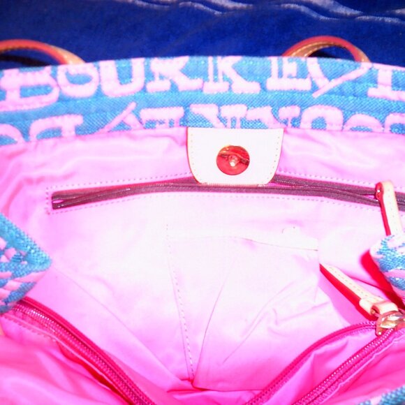 Dooney and Bourke Blue/Pink Graffiti Tote Leather Trim Boho Bright Pink Interior - Picture 4 of 4